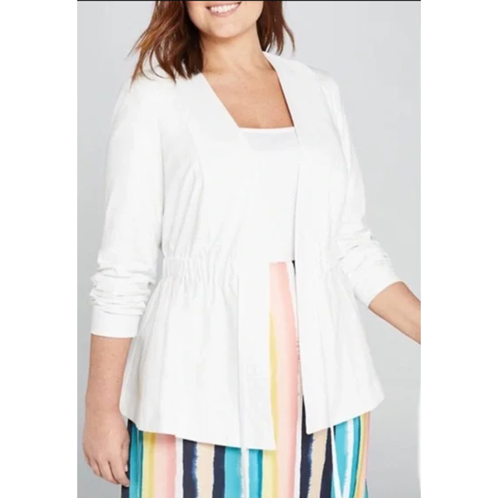 Lane Bryant Women's Linen Blend Drawstring Stretch Peplum Jacket Ivory Size 16